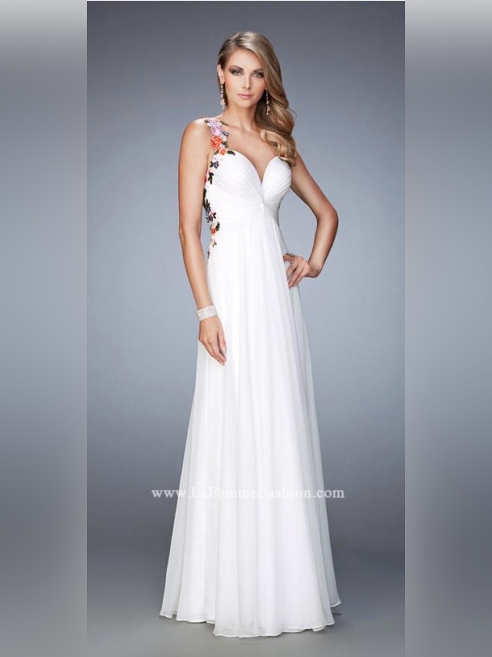 La Femme White One-Shoulder Chiffon Gown with Floral Appliqué